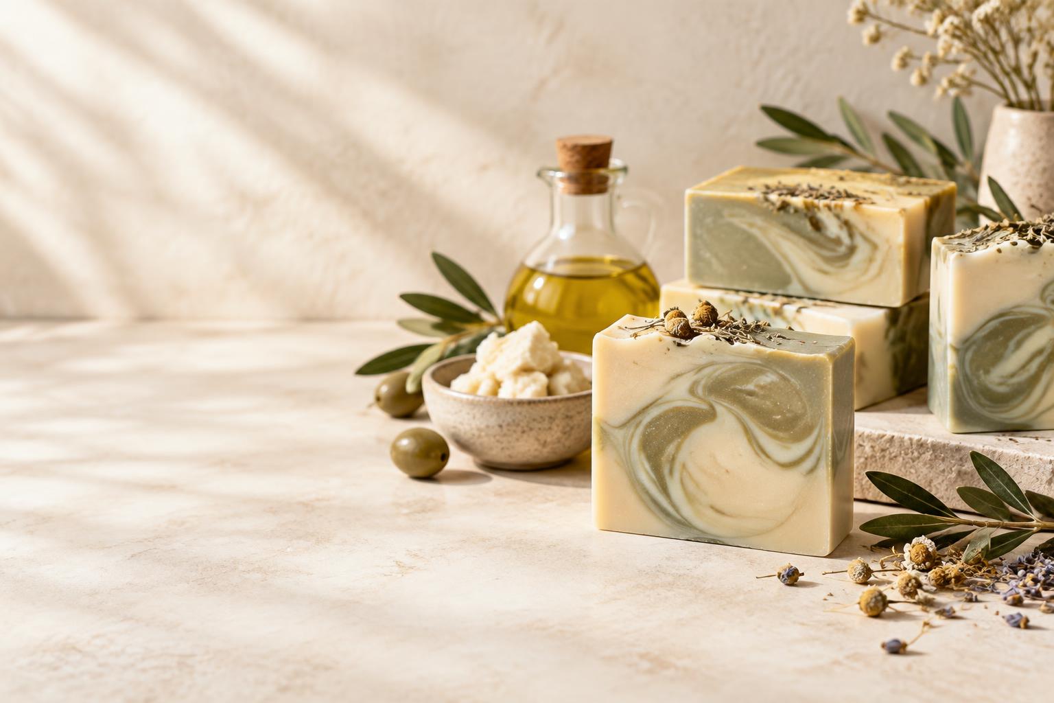 Sabonetes artesanais Cold Process com óleo vegetal e folhas de oliveira