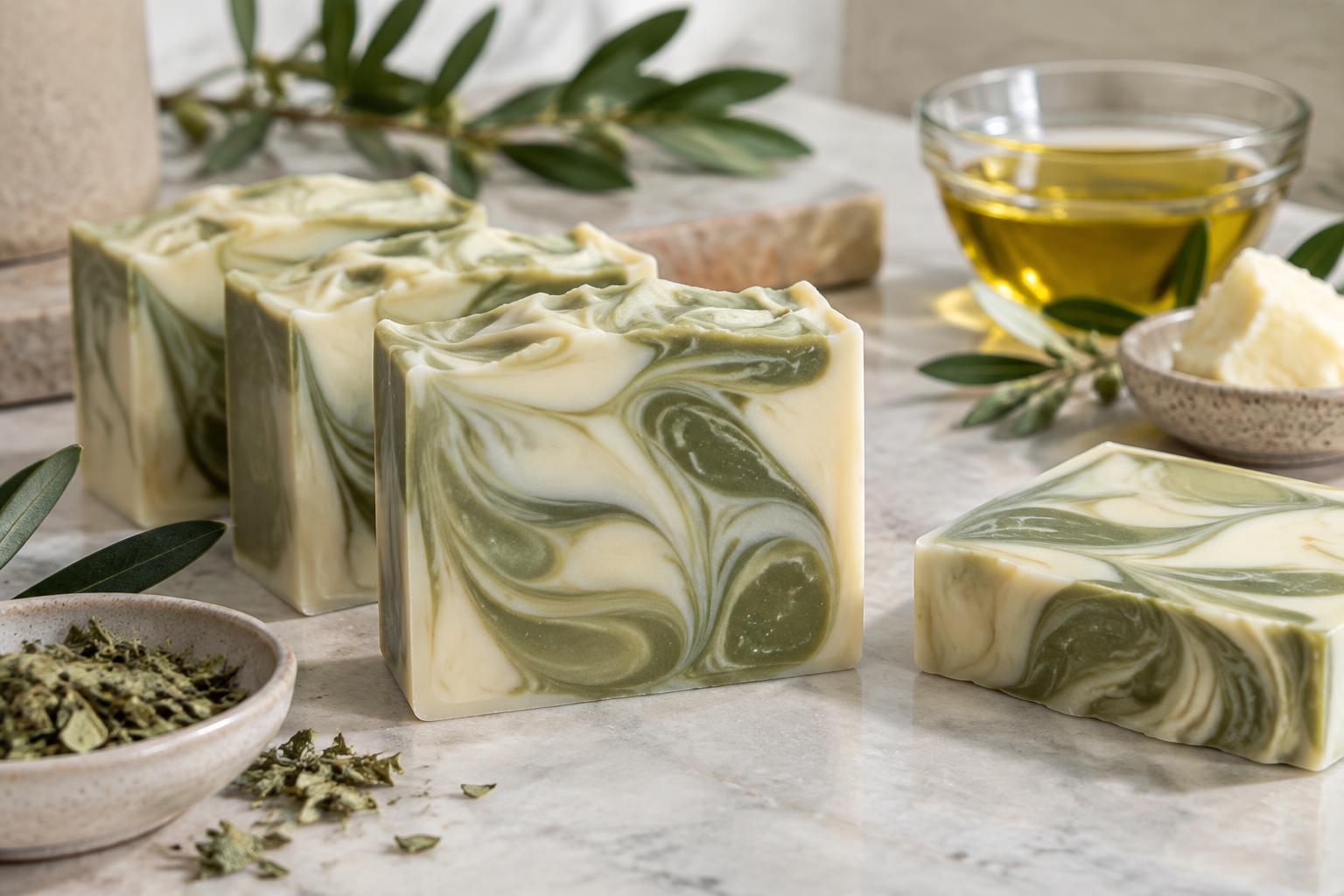 Barras de sabonete Cold Process em tons creme e verde-oliva